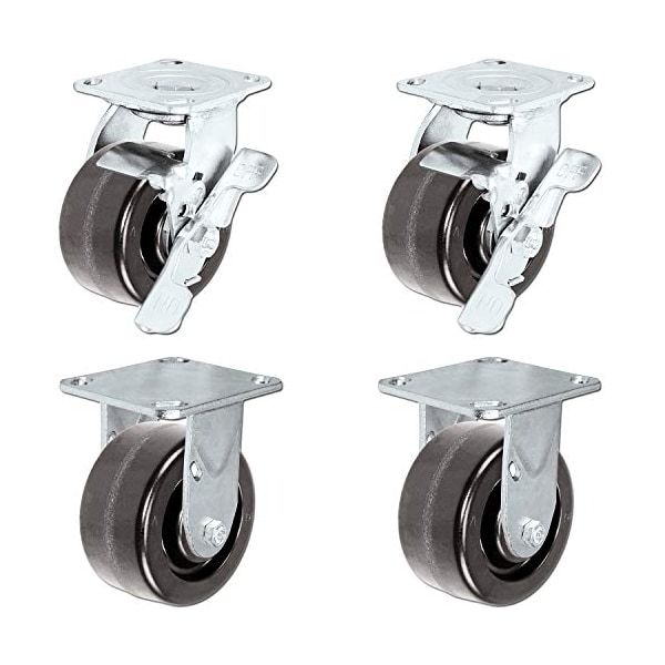4"x2" Swivel CASTERS, 2 W/ Brakes And 2 Rigid, PHENOL, PK4